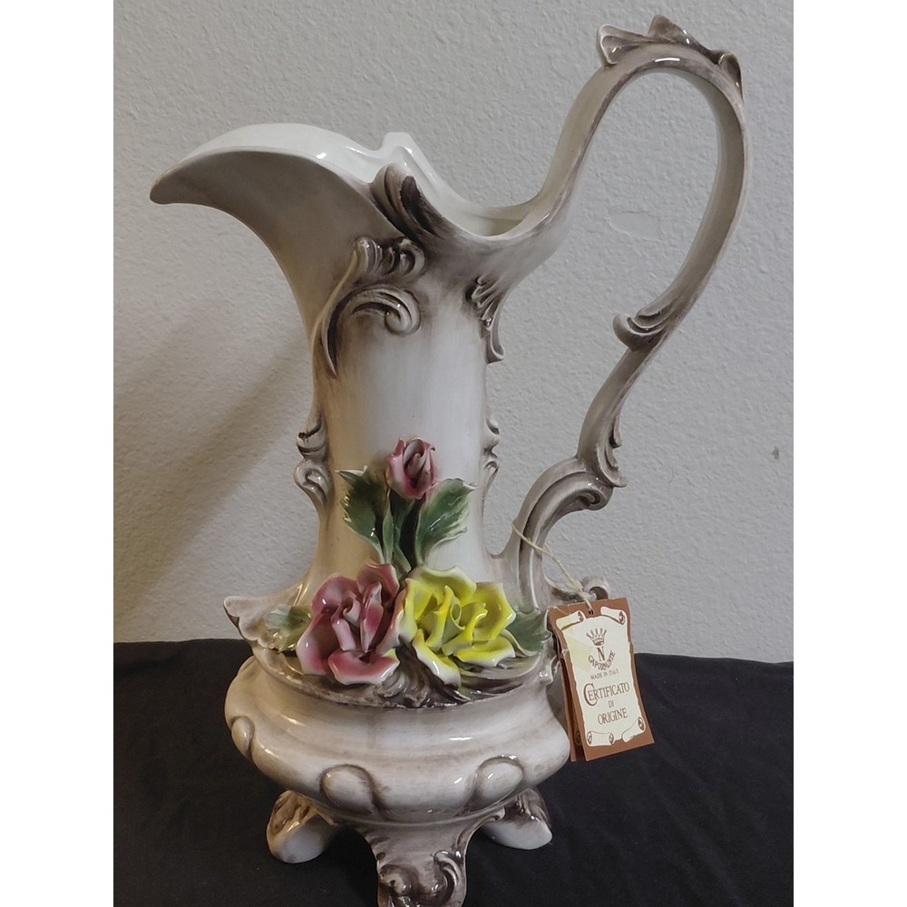 Vintage Capodimonte Italian Porcelain Rose Pitcher Ewer Crowned N Tag 1960s 14"
